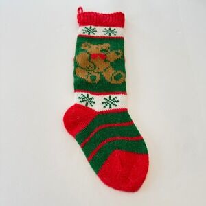 Vintage Knit Teddy Bear Christmas Stocking Red Green White Snowflake Retro 19in